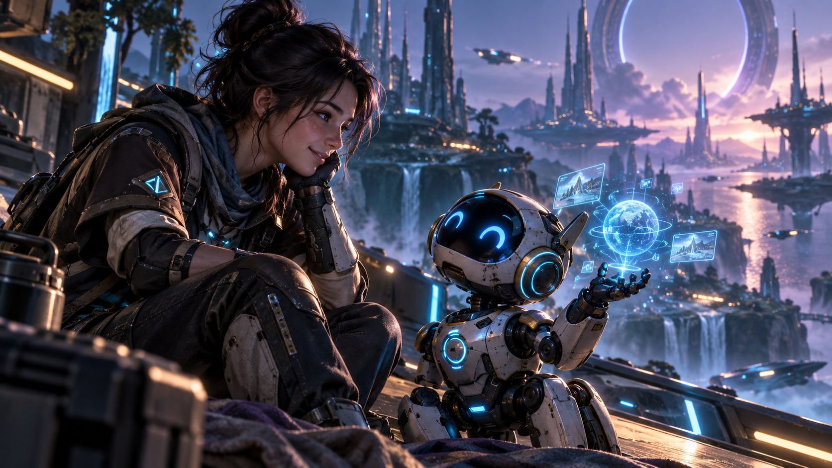 Concept artwork of a game character interacting with a robotic companion