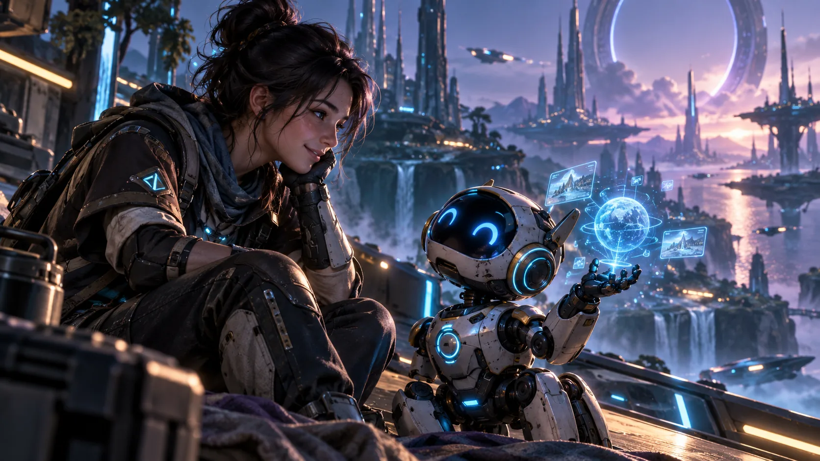 Concept artwork of a game character interacting with a robotic companion