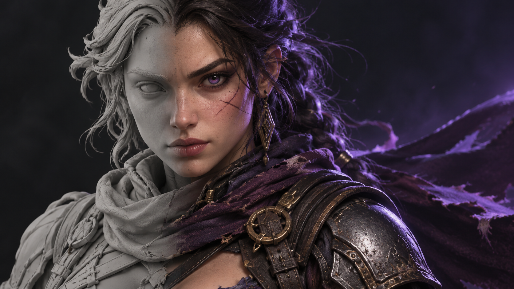 Concept artwork showing a game character from sculpt to finished render