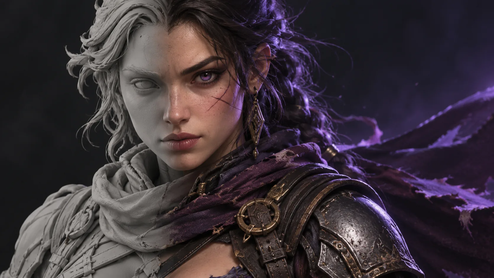 Concept artwork showing a game character from sculpt to finished render