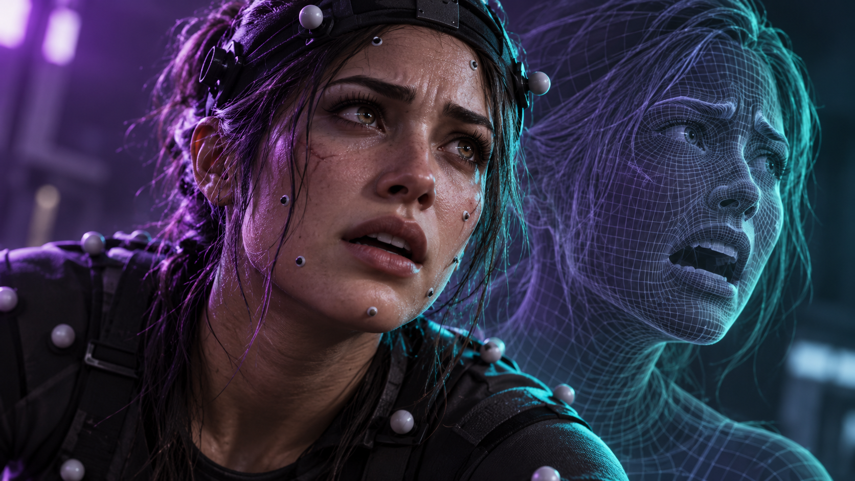 Concept artwork showing facial performance capture for a game character