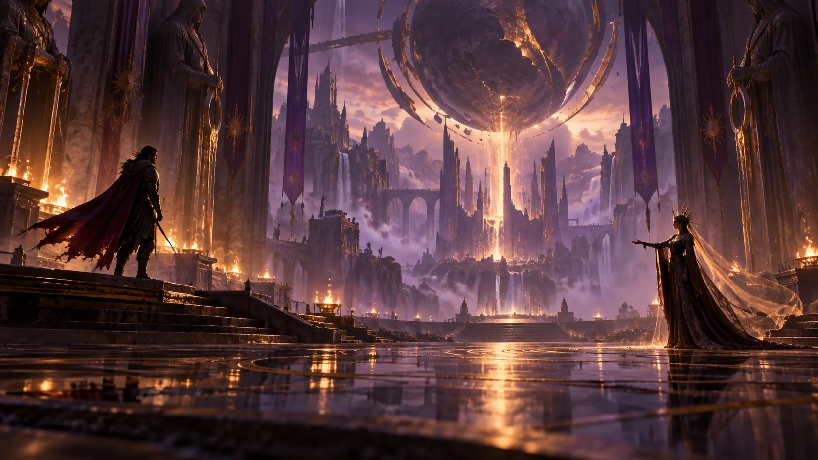 Concept artwork of two game characters in a cinematic fantasy scene