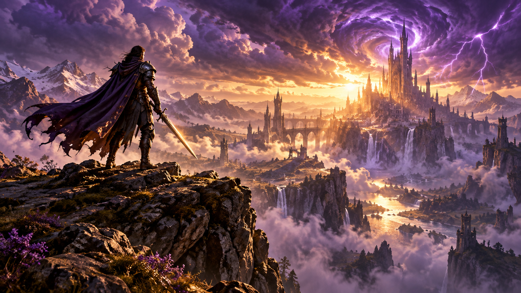 Concept artwork of a game hero overlooking a fantasy world
