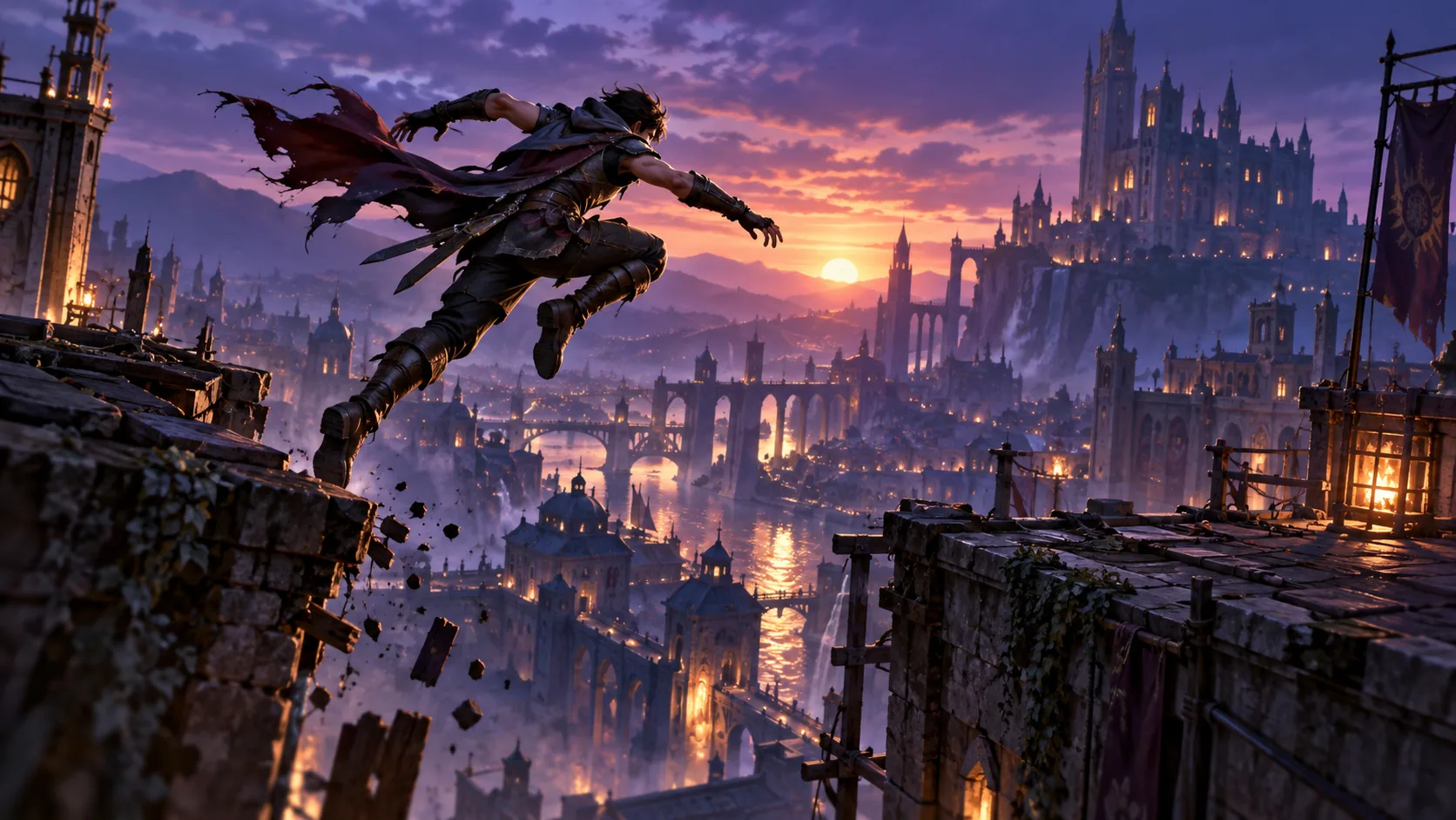 Concept artwork of a game character leaping between rooftops