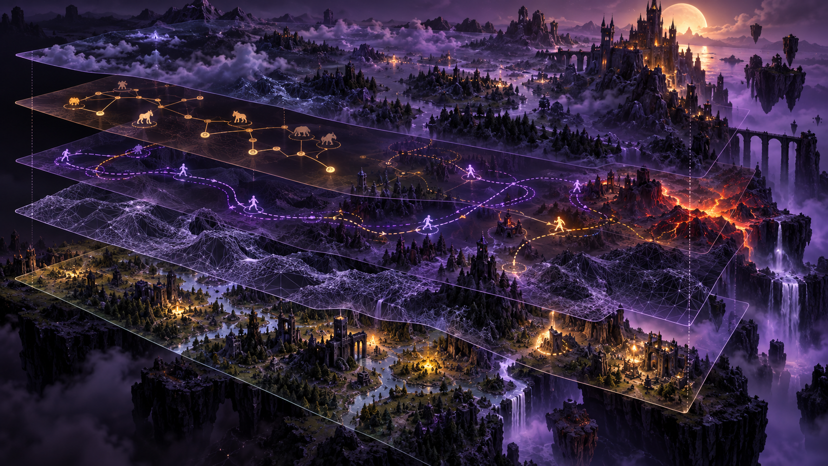 Conceptual game world assembled from procedural production layers