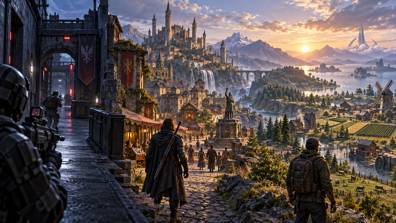 Imaginary game world moving through tactical, role-playing and simulation settings