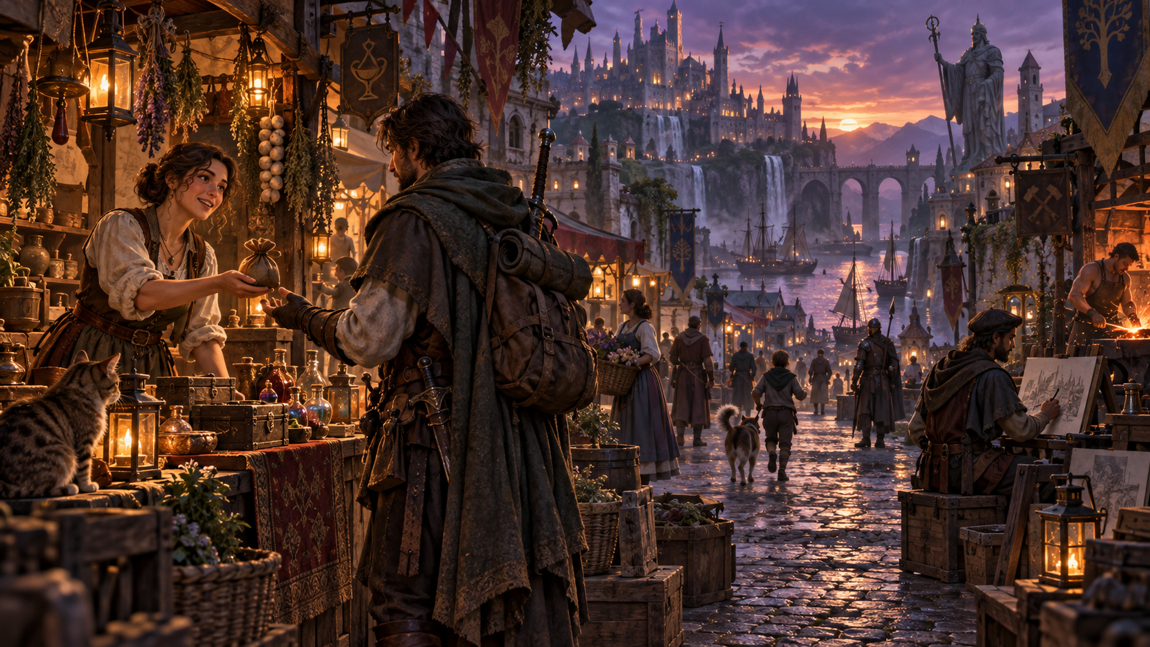 Game-world characters interacting in a lively market at dusk