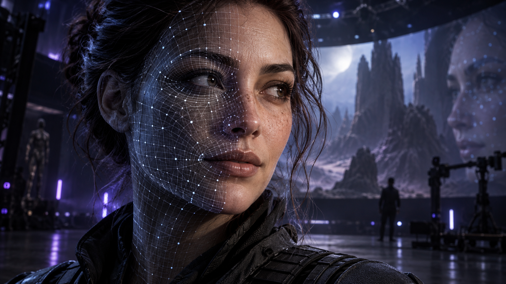 Original digital human portrait showing facial rig topology and finished character detail