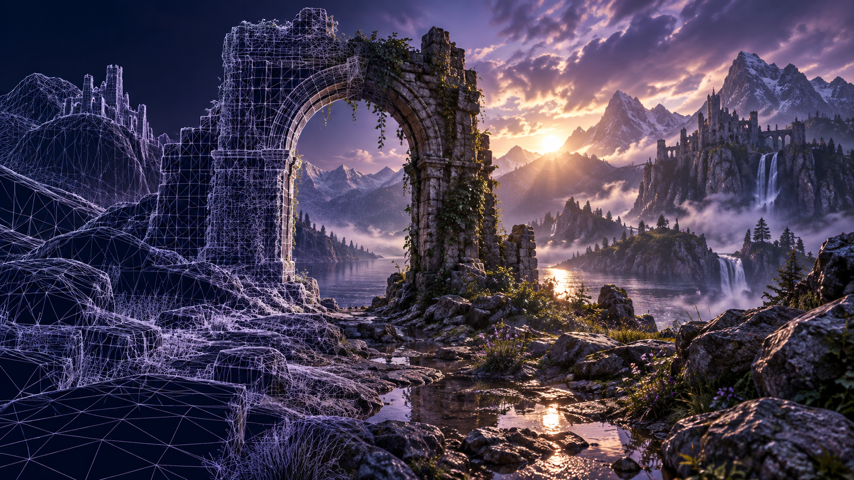 Game environment transitioning from polygon wireframe to finished real-time rendering