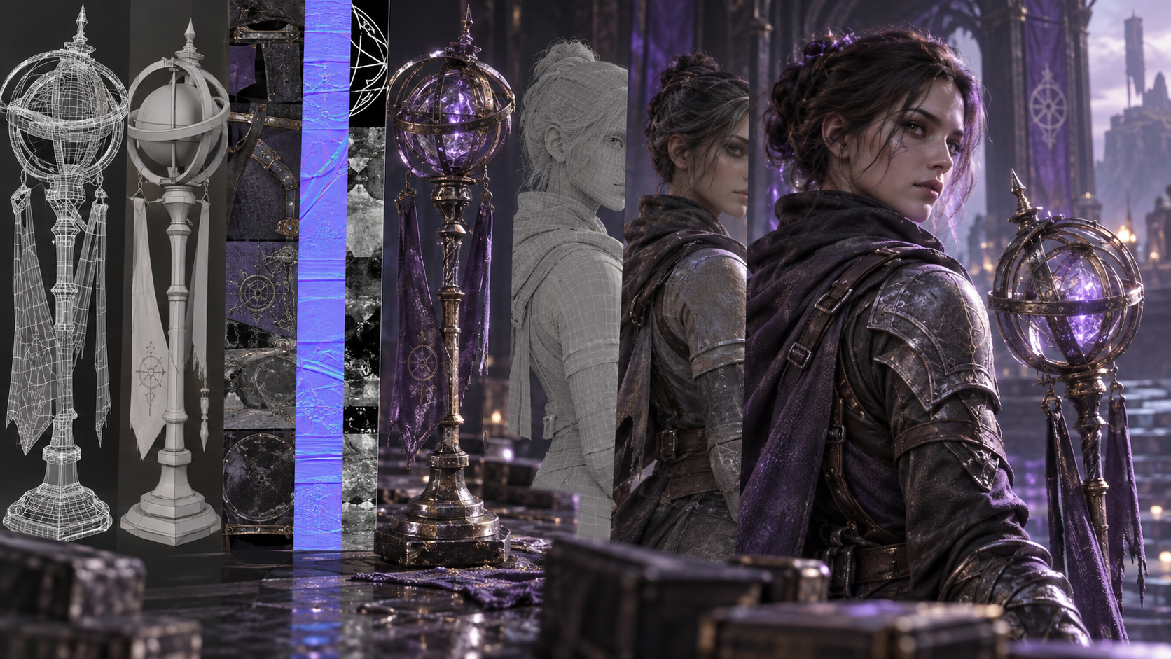 Game asset progressing from polygon topology to finished real-time material
