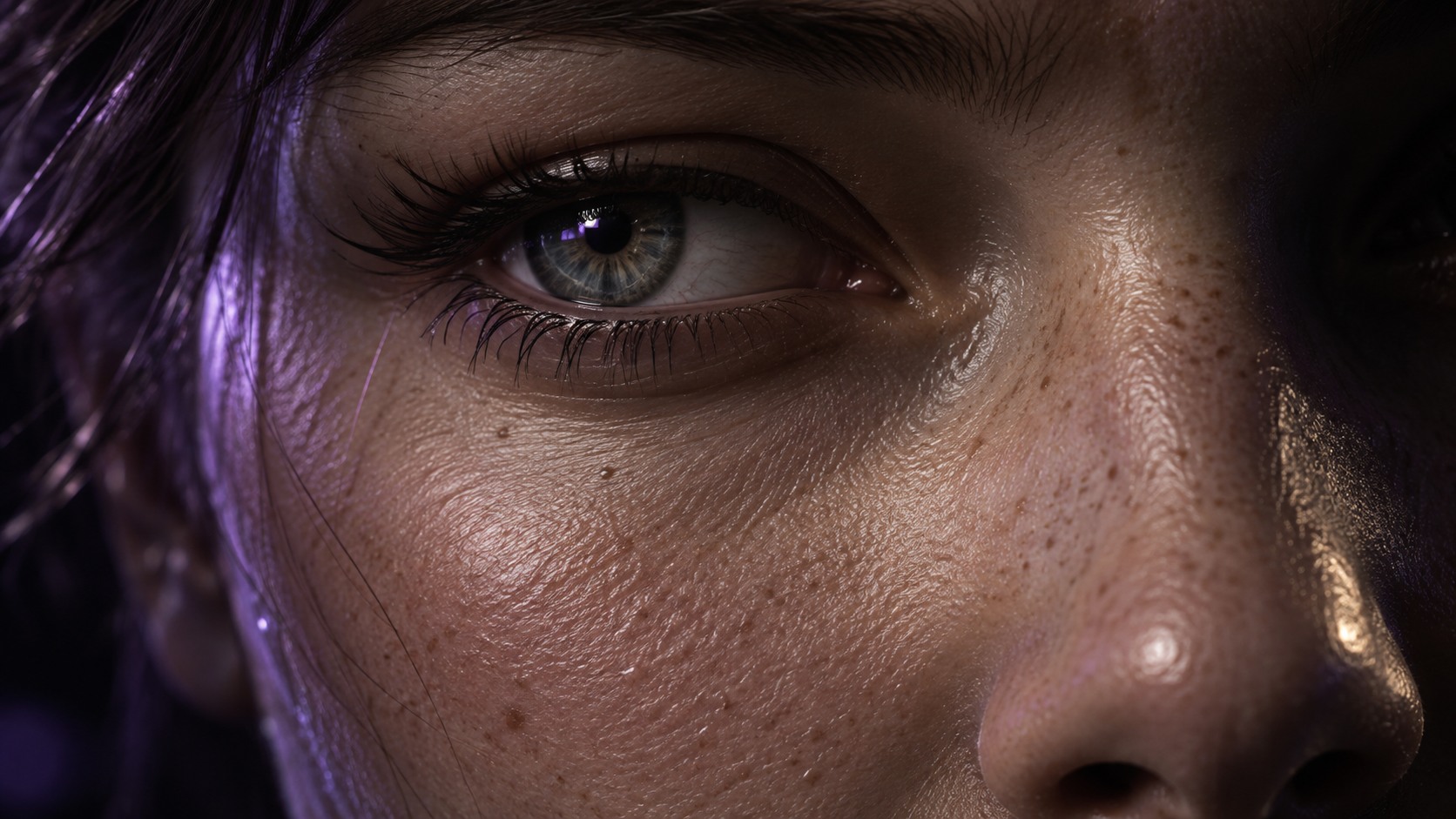 Extreme close-up of a high-fidelity digital human showing realistic skin and eye detail
