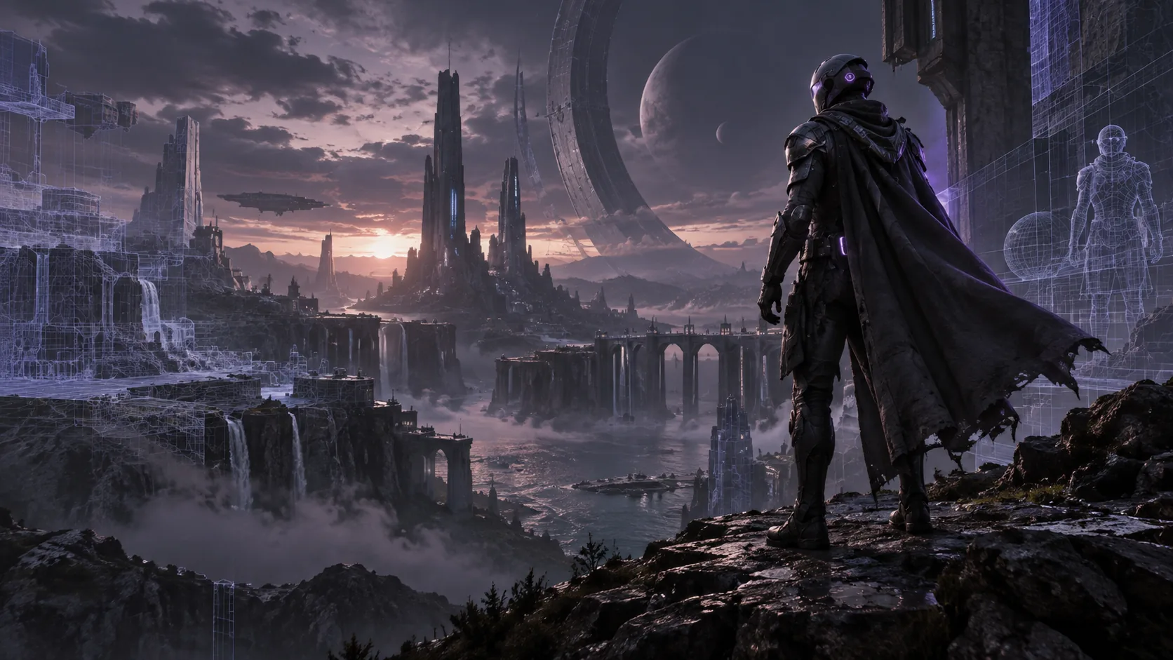 Original concept illustration of a game character overlooking a developing world